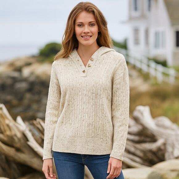Heartloom Ivory Creamed Flecked Acrylic Hooded Pullover Sweater XS - Picture 1 of 8